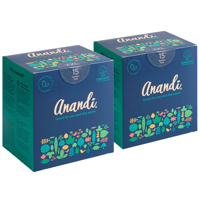 Anandi 100% Organic Cotton Sanitary Pads for Women with Disposal Pouch (15 Each) XXL - Classic Derma