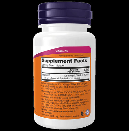 Now Vitamin D3 (Cholecalciferol) 5000IU | Softgel for Strong Bones & Immunity