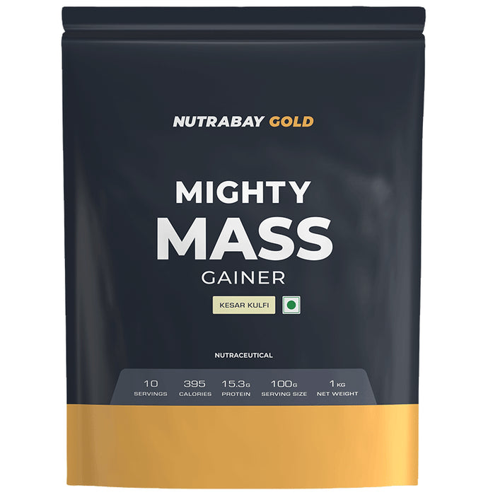 Nutrabay Gold Mighty Mass Gainer for Energy & Muscle Building | Flavour Powder Kesar Kulfi - Classic Derma