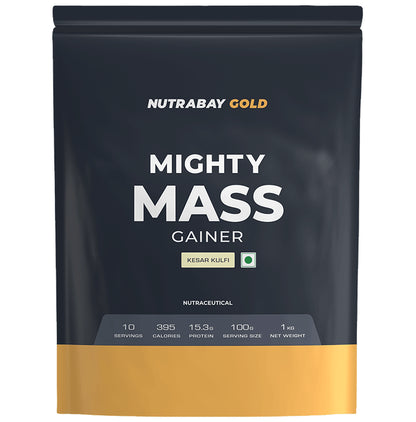 Nutrabay Gold Mighty Mass Gainer for Energy & Muscle Building | Flavour Powder Kesar Kulfi - Classic Derma