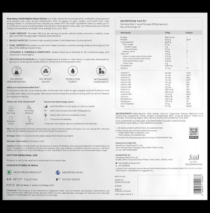 Nutrabay Gold Mighty Mass Gainer for Energy & Muscle Building | Flavour Powder Kesar Kulfi