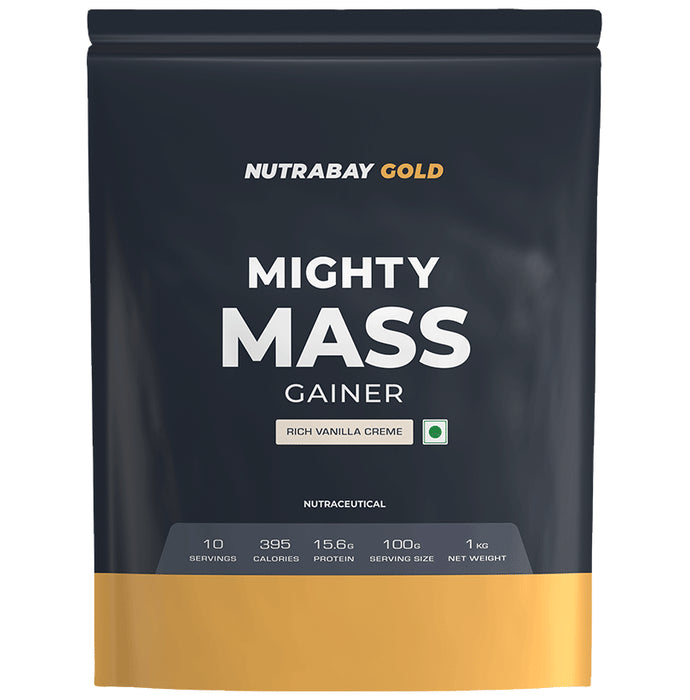 Nutrabay Gold Mighty Mass Gainer for Energy & Muscle Building | Flavour Rich Vanilla Creme - Classic Derma