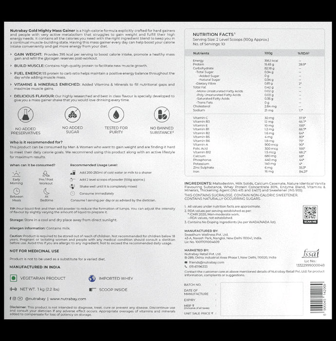 Nutrabay Gold Mighty Mass Gainer for Energy & Muscle Building | Flavour Rich Vanilla Creme