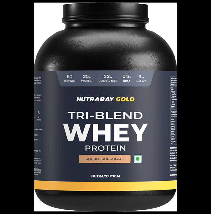 Nutrabay Gold Tri-Blend Whey Protein for Muscle Recovery & Immunity | No Added Sugar | Flavour Powder Double Chocolate - Classic Derma