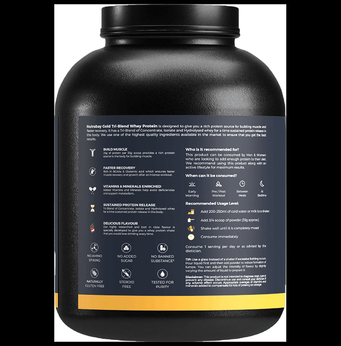 Nutrabay Gold Tri-Blend Whey Protein for Muscle Recovery & Immunity | No Added Sugar | Flavour Powder Double Chocolate