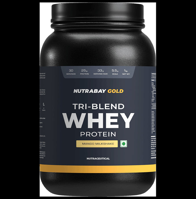 Nutrabay Gold Tri-Blend Whey Protein for Muscle Recovery & Immunity | No Added Sugar | Flavour Powder Mango Milkshake - Classic Derma