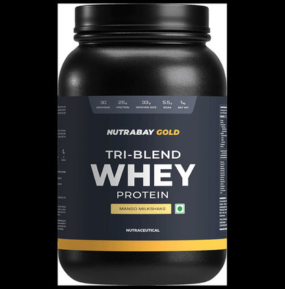 Nutrabay Gold Tri-Blend Whey Protein for Muscle Recovery & Immunity | No Added Sugar | Flavour Powder Mango Milkshake - Classic Derma