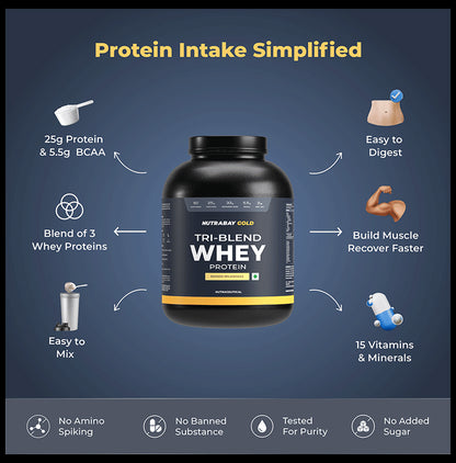 Nutrabay Gold Tri-Blend Whey Protein for Muscle Recovery & Immunity | No Added Sugar | Flavour Powder Mango Milkshake