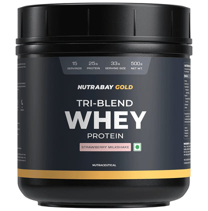 Nutrabay Gold Tri-Blend Whey Protein for Muscle Recovery & Immunity | No Added Sugar | Flavour Strawberry Milkshake - Classic Derma
