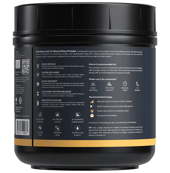 Nutrabay Gold Tri-Blend Whey Protein for Muscle Recovery & Immunity | No Added Sugar | Flavour Strawberry Milkshake