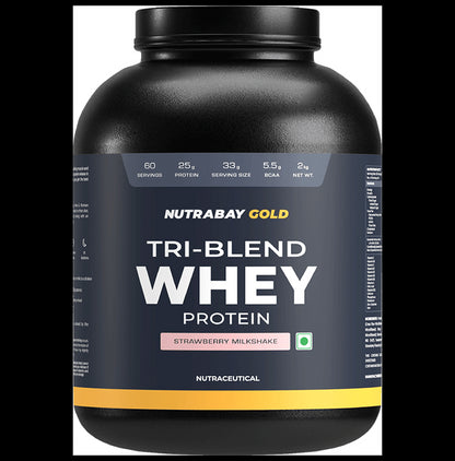 Nutrabay Gold Tri-Blend Whey Protein for Muscle Recovery & Immunity | No Added Sugar | Flavour Strawberry Milkshake - Classic Derma