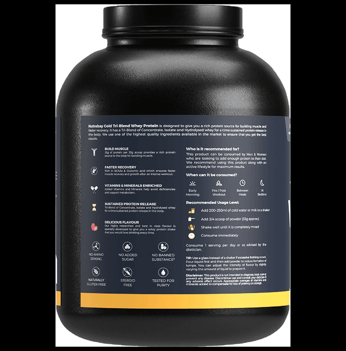 Nutrabay Gold Tri-Blend Whey Protein for Muscle Recovery & Immunity | No Added Sugar | Flavour Strawberry Milkshake