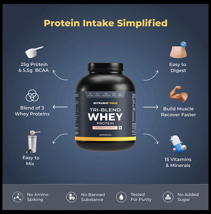 Nutrabay Gold Tri-Blend Whey Protein for Muscle Recovery & Immunity | No Added Sugar | Flavour Strawberry Milkshake