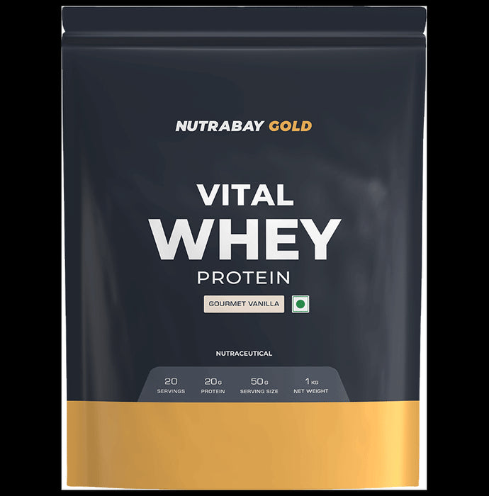 Nutrabay Gold Vital Whey Protein for Muscle Recovery | No Added Sugar | Flavour Powder Gourmet Vanilla - Classic Derma