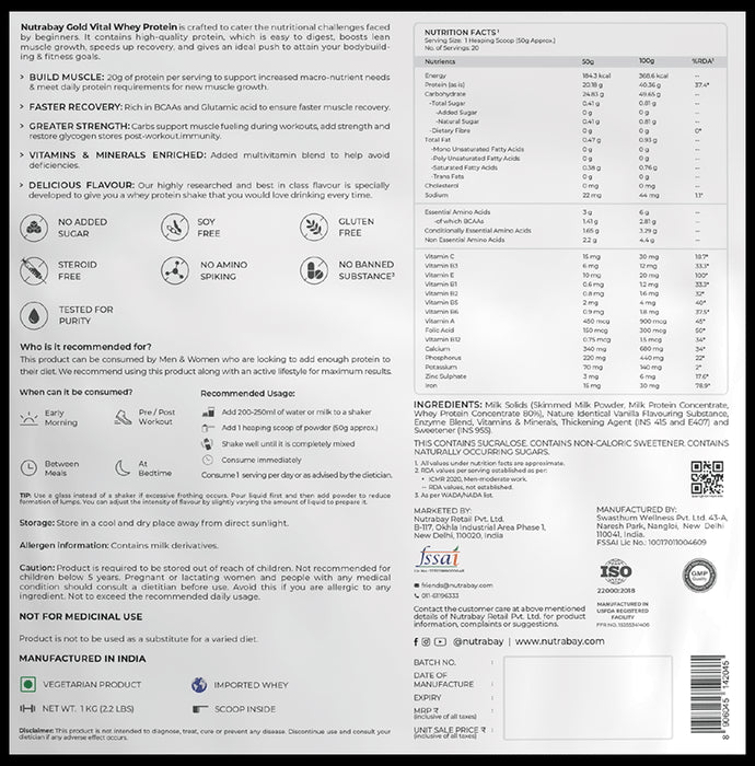 Nutrabay Gold Vital Whey Protein for Muscle Recovery | No Added Sugar | Flavour Powder Gourmet Vanilla