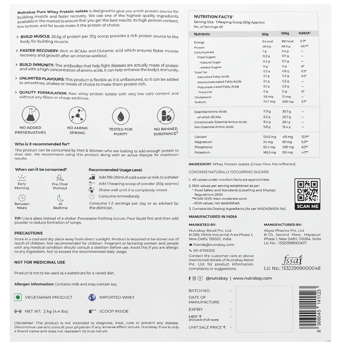 Nutrabay Pure Isolate Whey Protein for Muscle Recovery & Immunity | No Added Sugar | Unflavoured