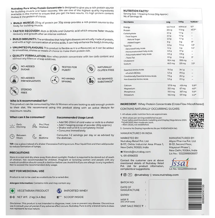 Nutrabay Pure Whey Protein Concentrate for Muscle Recovery & Immunity | No Added Sugar | Unflavoured