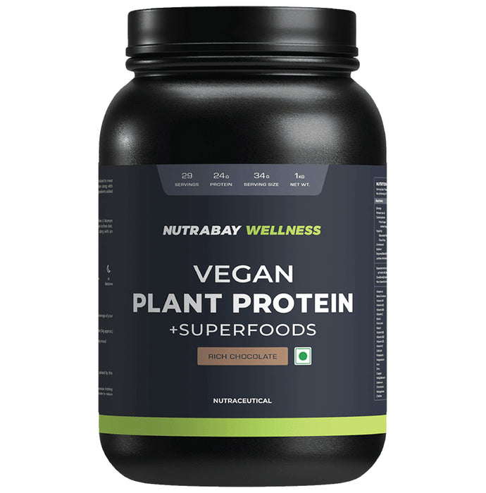 Nutrabay Wellness Vegan Plant Protein + Superfoods | For Muscles & Digestion | Flavour Rich Chocolate - Classic Derma