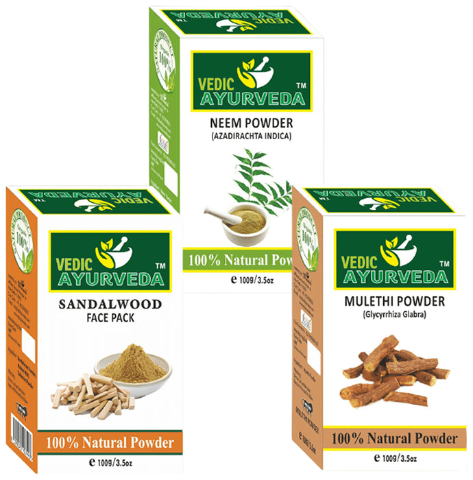 Vedic Ayurveda Combo Pack of Sandalwood Face Pack Powder, Neem Powder & Mulethi Powder (100gm Each) - Classic Derma