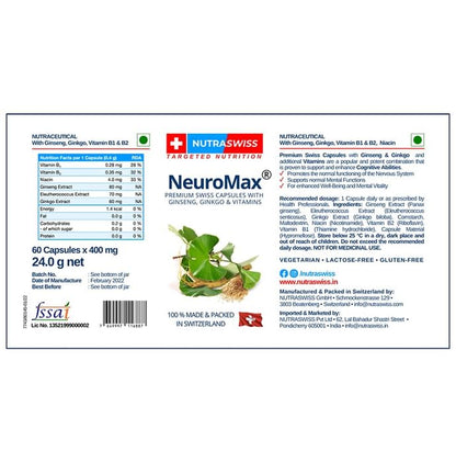 Nutraswiss NeuroMax with Ginseng, Ginkgo & Vitamins | For Nervous System | Capsule