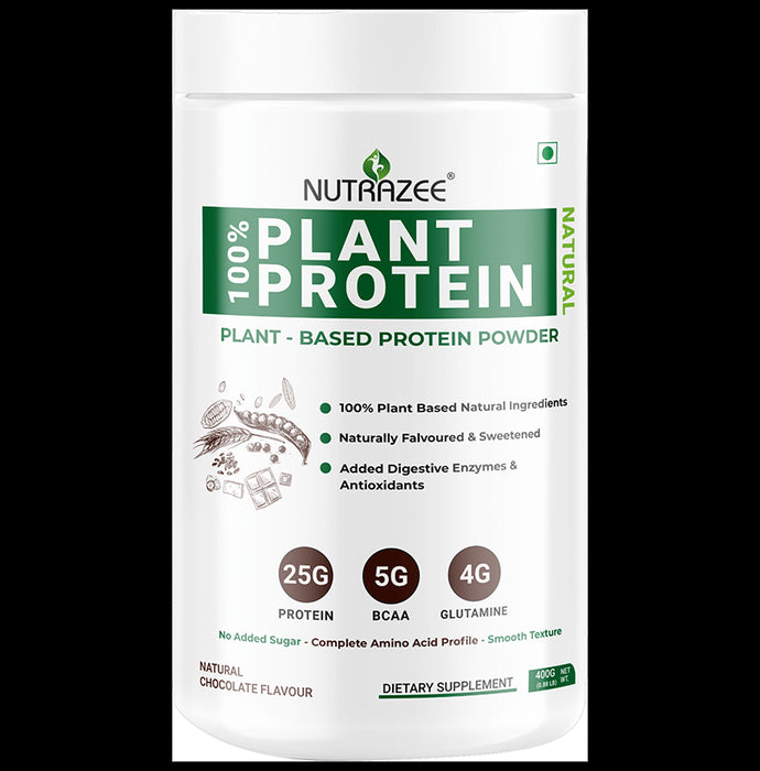 Nutrazee Natural 100% Plant-Based Protein | With Added Digestive Enzymes, BCAA & Glutamine for Muscles | Flavour Powder Natural Chocolate - Classic Derma