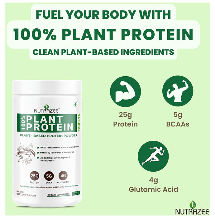 Nutrazee Natural 100% Plant-Based Protein | With Added Digestive Enzymes, BCAA & Glutamine for Muscles | Flavour Powder Natural Chocolate