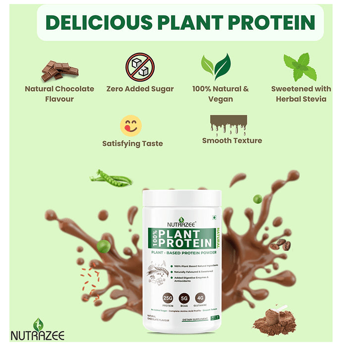 Nutrazee Natural 100% Plant-Based Protein | With Added Digestive Enzymes, BCAA & Glutamine for Muscles | Flavour Powder Natural Chocolate