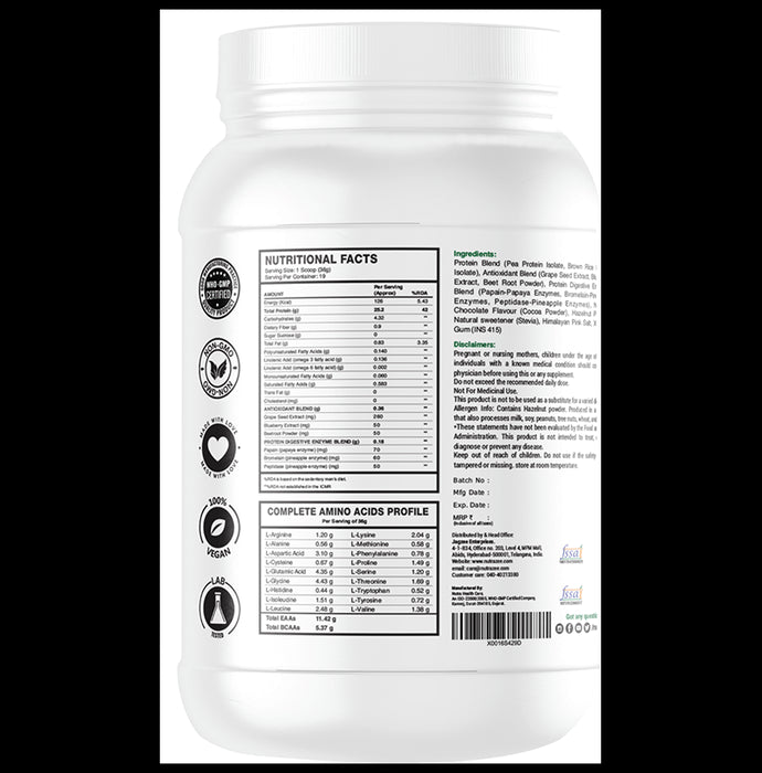 Nutrazee Natural 100% Plant-Based Protein | With Added Digestive Enzymes, BCAA & Glutamine for Muscles | Flavour Powder Natural Chocolate