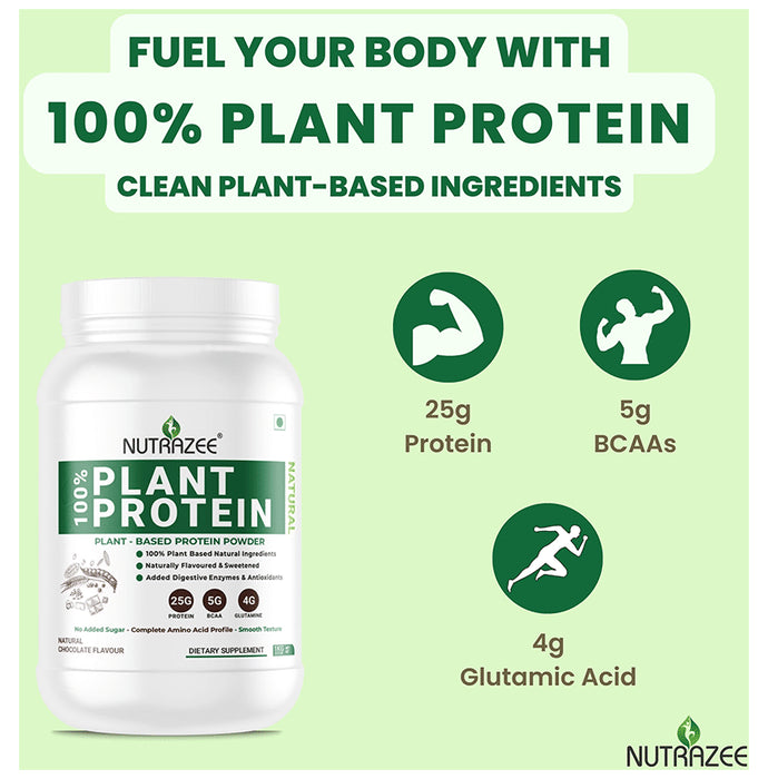 Nutrazee Natural 100% Plant-Based Protein | With Added Digestive Enzymes, BCAA & Glutamine for Muscles | Flavour Powder Natural Chocolate
