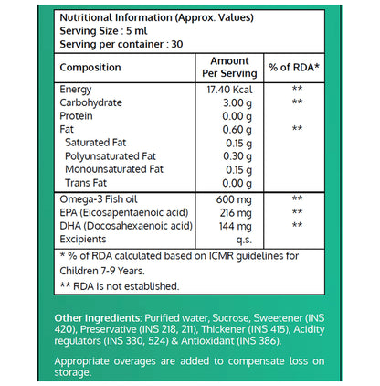 Nutrileague Omega 3 Fish Oil 600mg Syrup for Brain, Heart & Immunity