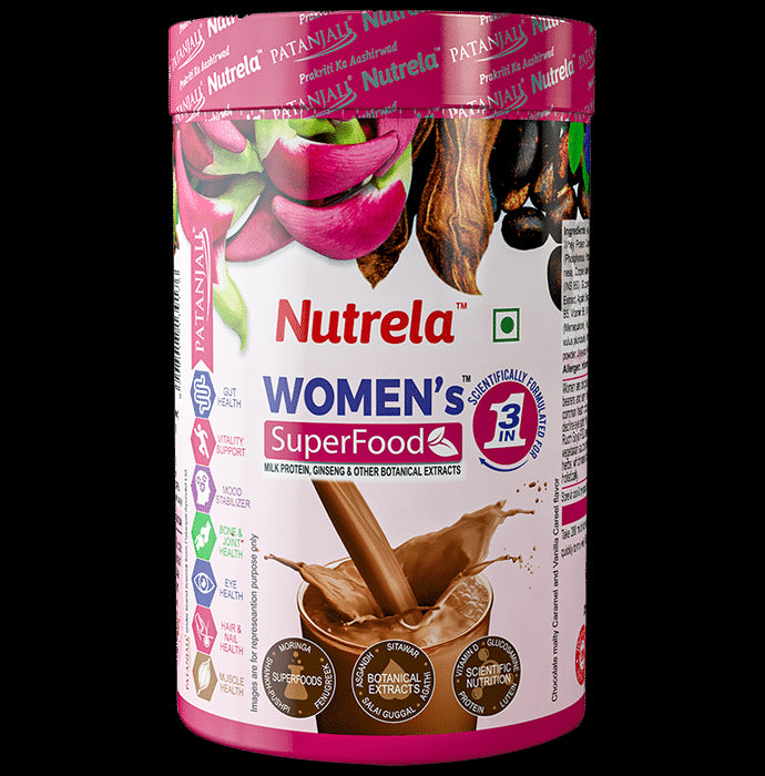 Patanjali Nutrela Women's Superfood | Flavour Powder Chocolate Malty Caramel and Vanilla Careel - Classic Derma