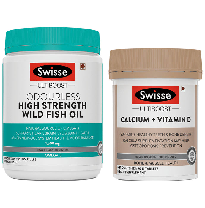 Swisse Combo Pack of Ultiboost Odourless High Strength Wild Fish Oil 200 Capsule & Ultiboost Calcium+Vitamin D 90 Tablet - Classic Derma