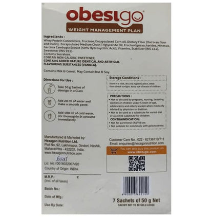 Obesigo Whey Protein | With Garcinia, Vitamins & Minerals for Weight Management | Flavour Vanilla Shake Sachet
