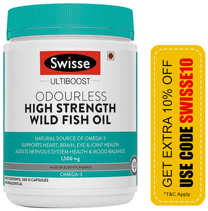 Swisse Ultiboost Odourless High Strength Wild Fish Oil Capsule with 1500mg Omega 3 | For Heart, Brain, Eye & Joint Health - Classic Derma