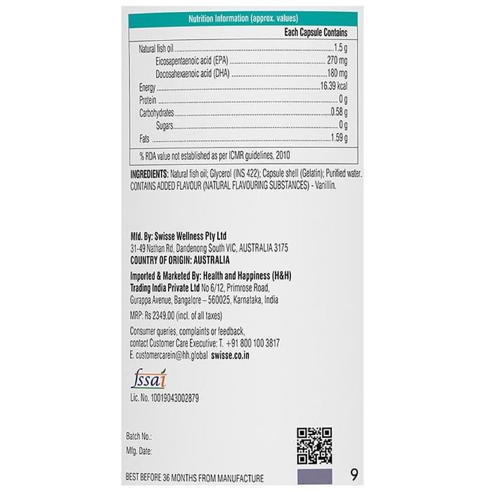 Swisse Ultiboost Odourless High Strength Wild Fish Oil Capsule with 1500mg Omega 3 | For Heart, Brain, Eye & Joint Health