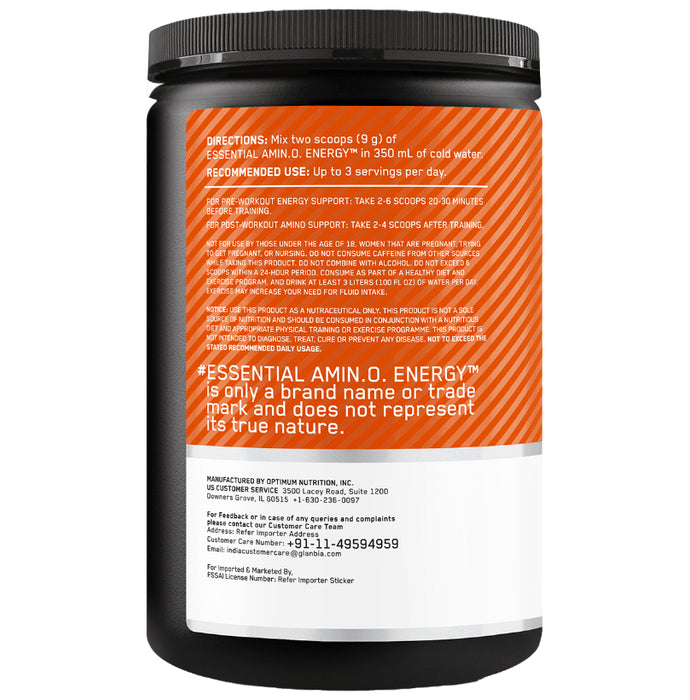 Optimum Nutrition (ON) Essential Amino Acids Energy Powder for Focus & Muscle Recovery | Flavour Orange