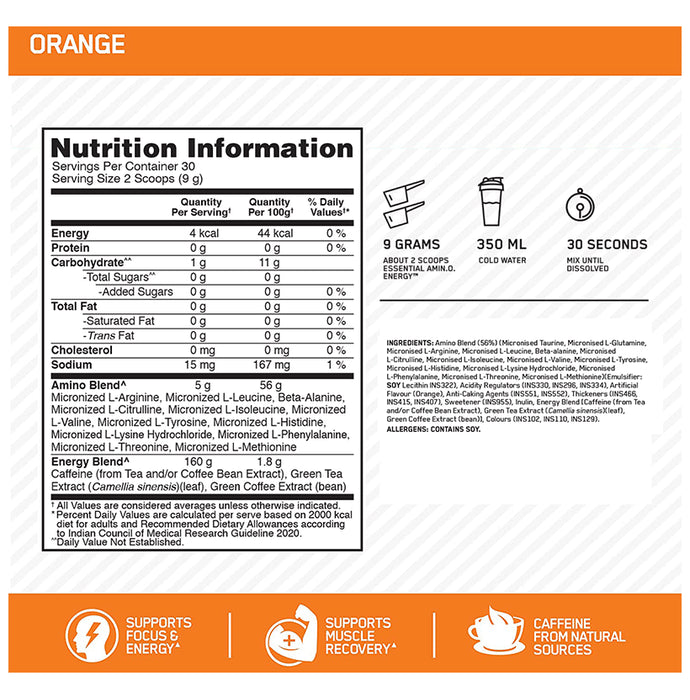 Optimum Nutrition (ON) Essential Amino Acids Energy Powder for Focus & Muscle Recovery | Flavour Orange