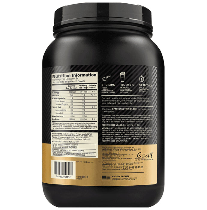 Optimum Nutrition (ON) Gold Standard 100% Hydrolysed and Ultra-Filtered Whey Protein Isolate | Flavour Powder Chocolate Bliss