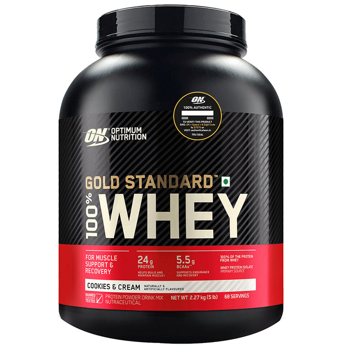 Optimum Nutrition (ON) Gold Standard 100% Whey Protein | For Muscle Recovery | No Added Sugar | Flavour Powder Cookies & Cream - Classic Derma