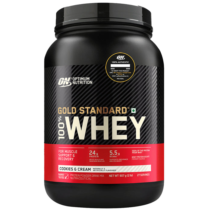 Optimum Nutrition (ON) Gold Standard 100% Whey Protein | For Muscle Recovery | No Added Sugar | Flavour Powder Cookies & Cream - Classic Derma