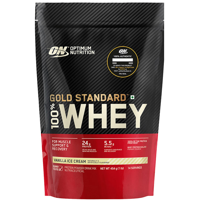 Optimum Nutrition (ON) Gold Standard 100% Whey Protein | For Muscle Recovery | No Added Sugar | Flavour Powder Vanilla Icecream - Classic Derma