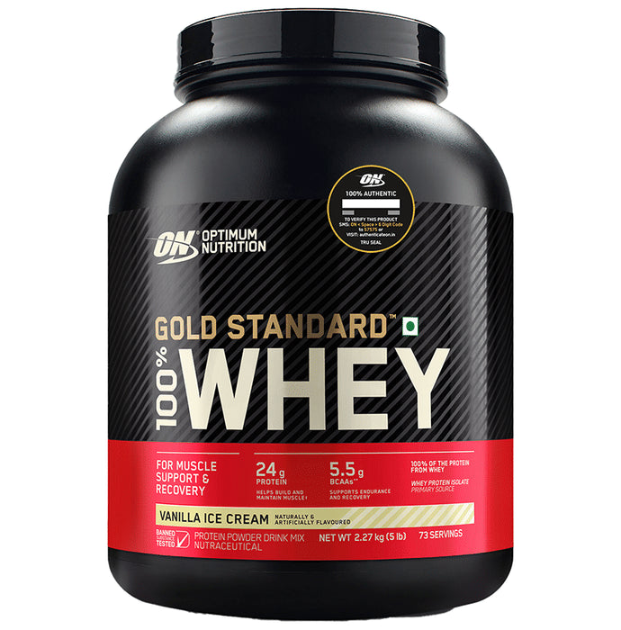 Optimum Nutrition (ON) Gold Standard 100% Whey Protein | For Muscle Recovery | No Added Sugar | Flavour Powder Vanilla Icecream - Classic Derma