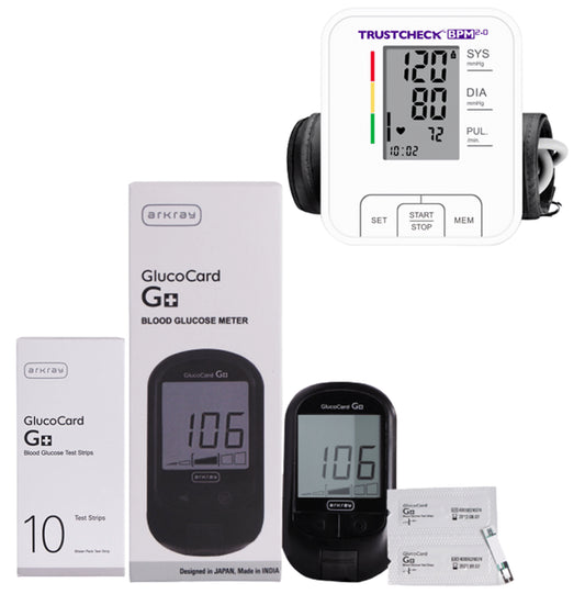 Arkray 29FA810 11 + A90046 Glucocard G+ Blood Glucose Monitor with 10 Strips and Trustcheck BPM 2.0 Blood Pressure Monitor - Classic Derma