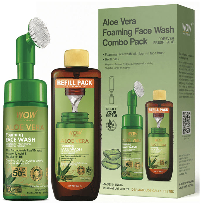 WOW Skin Science Combo Pack of Aloevera Foaming Face Wash 150ml with Refill Pack 200ml - Classic Derma