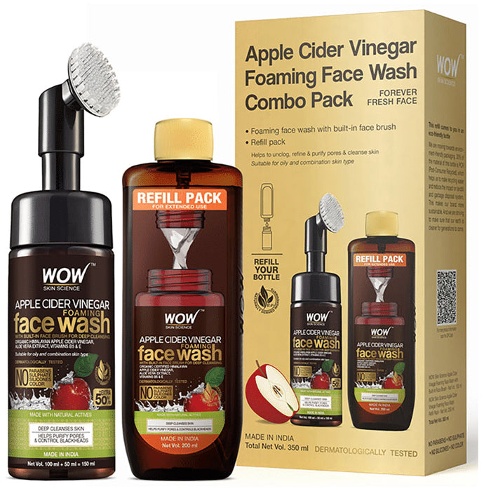 WOW Skin Science Combo Pack of Apple Cider Vinegar Foaming Face Wash 150ml with Refill Pack 200ml - Classic Derma