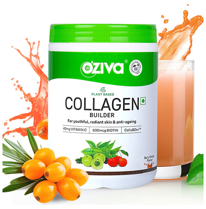 Oziva Plant Based Collagen Builder with Vitamin C & Biotin | Effervescent Tablet for Skin Health | Flavour Berry Orange
