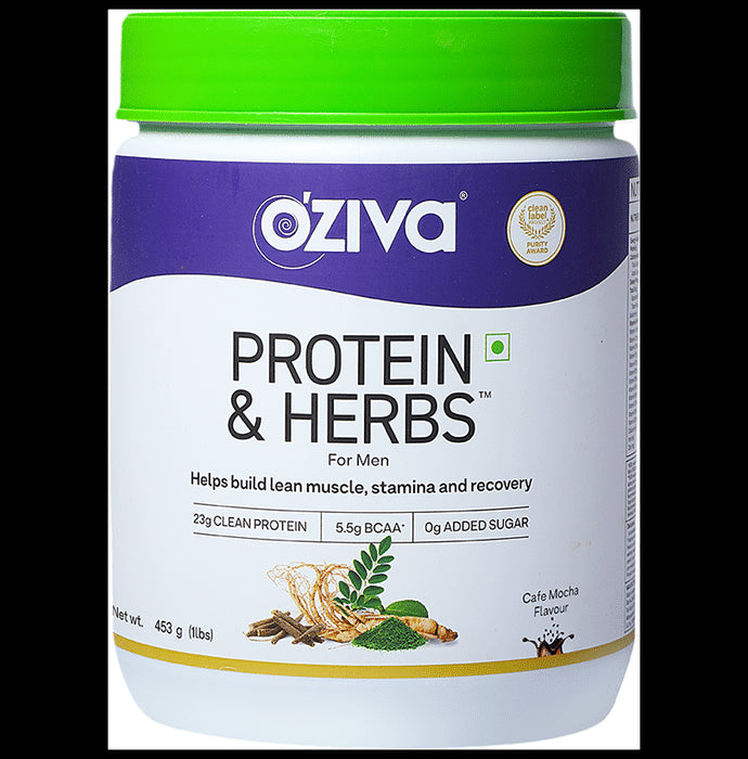 Oziva Protein & Herbs for Men | For Muscle Building, Stamina & Recovery | Cafe Mocha - Classic Derma