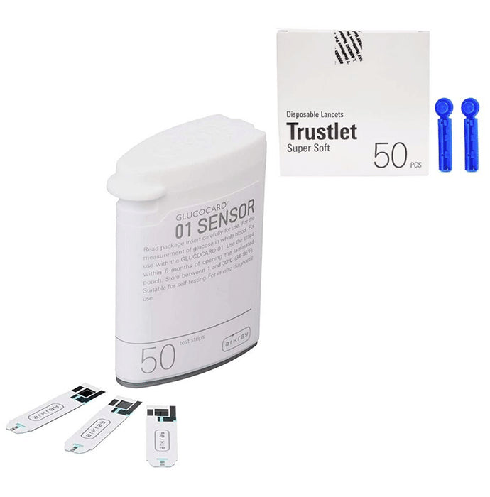 Arkray Combo Pack of Glucocard 01 Mini Blood Glucose Monitor 50 Bottle Pack Test Strip & 50 Lancet - Classic Derma