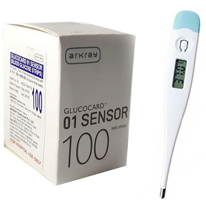 Arkray Combo Pack of Glucocard 01 Sensor Test Strips 100 and Thermometer - Classic Derma