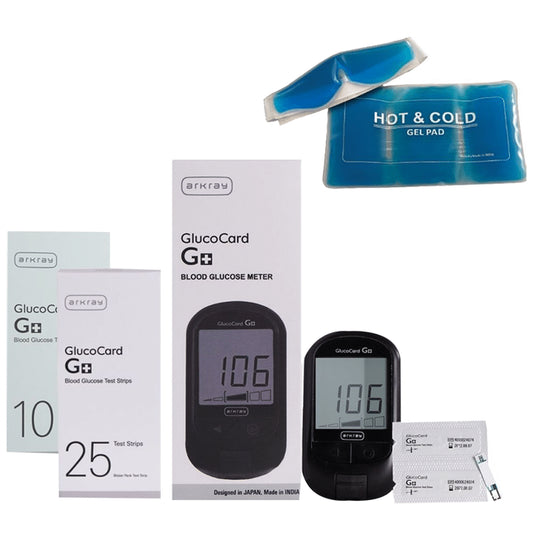 Arkray Combo Pack of Glucocard G+ Blood Glucose Meter & Relax and Relief Kit with 10+25 Individual Pack Strips - Classic Derma